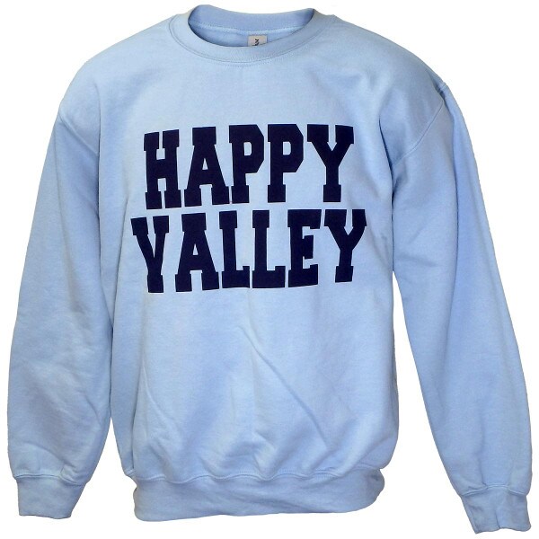light blue crew sweatshirt with Happy Valley